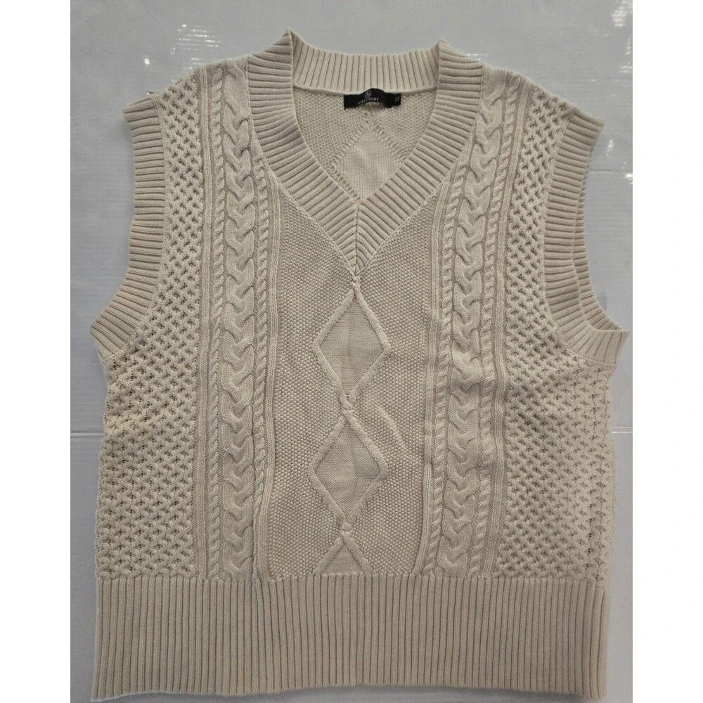 Lillusory Women's Cable Knit Sweater Vest XL Cream V-Neck Preppy Cottagecore